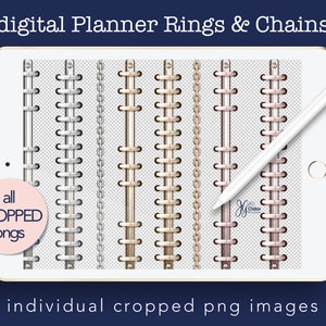 Anéis de planejador digital realista, anéis de fichário, correntes, metálico, ouro rosa, prata e ouro, conjunto de bobinas digitais para uso pessoal e comercial