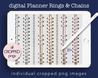 Realistic Digital Planner Rings Binder Rings Chains Metallic Rose Gold Silver and Gold Digital Coil Set for Personal and Commercial Use