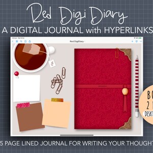 Red Digital Diary Digital Journal Personal Undated Diary Lined Pages with Hyperlinks Bonus Stickers and Extra Front Cover