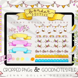 May include: A digital illustration of a set of colorful borders and doodles, including floral designs, banners, bees, birds, and hearts. The text "border doodles" is written in a handwritten style. The text "cropped pngs & goodnotes file" is also included.