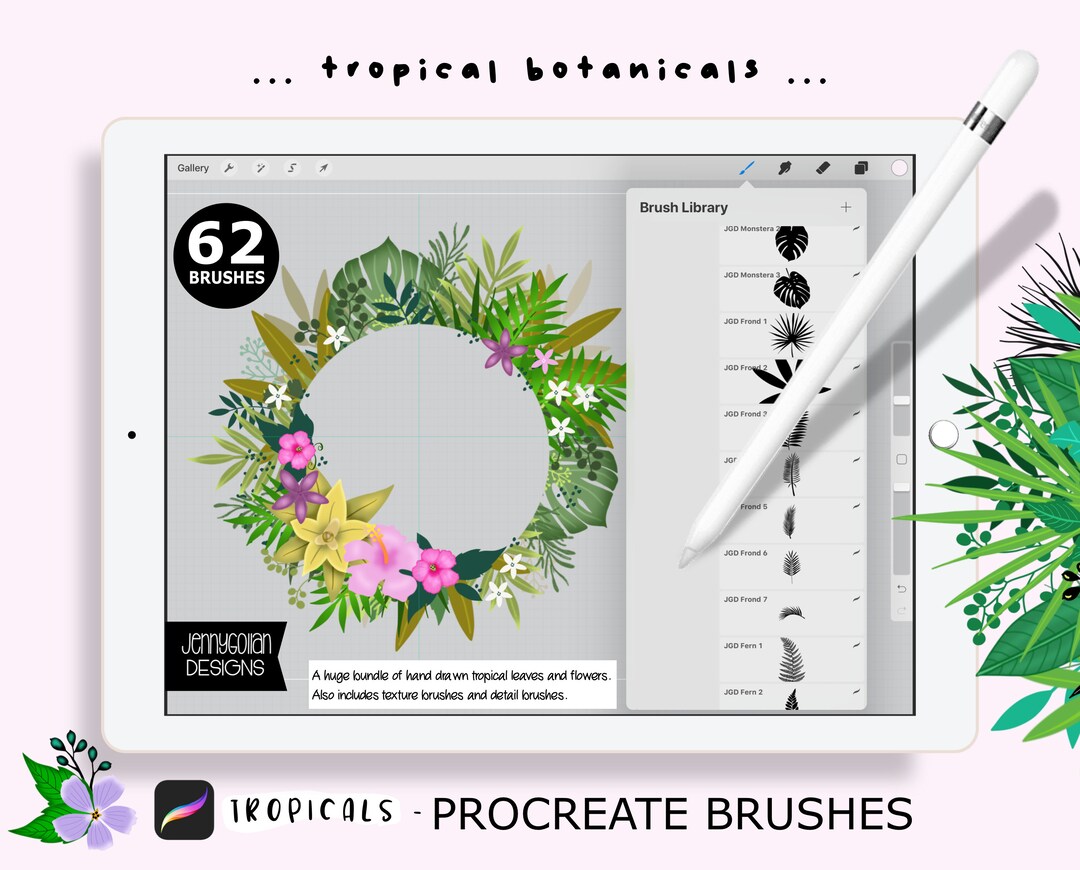 Procreate Brushes iPad Tropical Botanicals 62 Stamp Brushes Bundle for ...