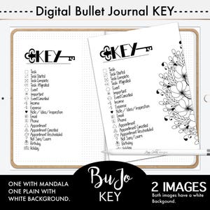 May include: Digital bullet journal key with a key symbol and a list of task symbols. The image shows two pages, one with a floral design and the other plain. The text includes "Task," "Event," and "Income."