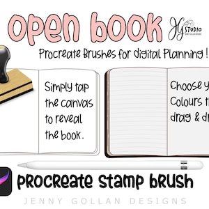 May include: Procreate stamp brush for digital planning. The image shows a digital illustration of a closed and open notebook with a stamp on the left side. The text "open book" is written in pink at the top of the image. The text "Procreate stamp brush" is written in black at the bottom of the image.