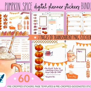Cropped Digital Planner Stickers Pumpkin Spice Transparent PNGs Month Weeks Days Assorted Watercolour Art PNG Bundle and GoodNotes File