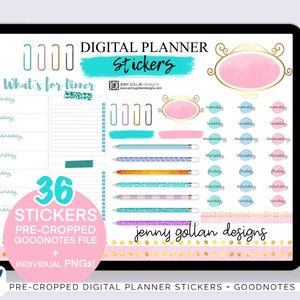 May include: A digital planner sticker set with 36 pre-cropped stickers for Goodnotes. The stickers feature a variety of designs, including a pink and gold frame, a blue and green striped pen, and a pink circle with the text "What's for dinner?" The stickers are perfect for adding a touch of personality to your digital planner.