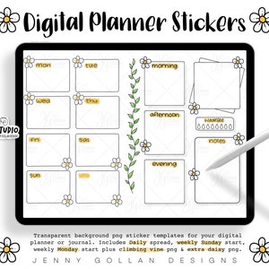 May include: Digital planner stickers with a daisy theme. The stickers include boxes for "mon", "tue", "wed", "thu", "fri", "sat", "sun", "morning", "afternoon", "evening", "hydrate", "notes".