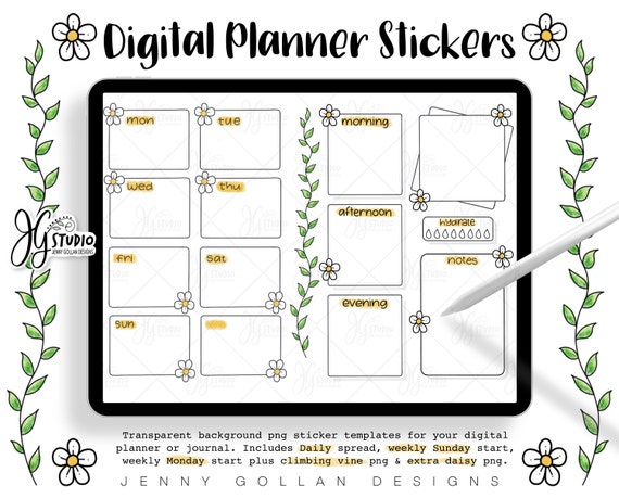 Cropped Digital Stickers Hand Drawn Daisy Set Weekly and Daily Templates for any digital planning app Transparent PNGs