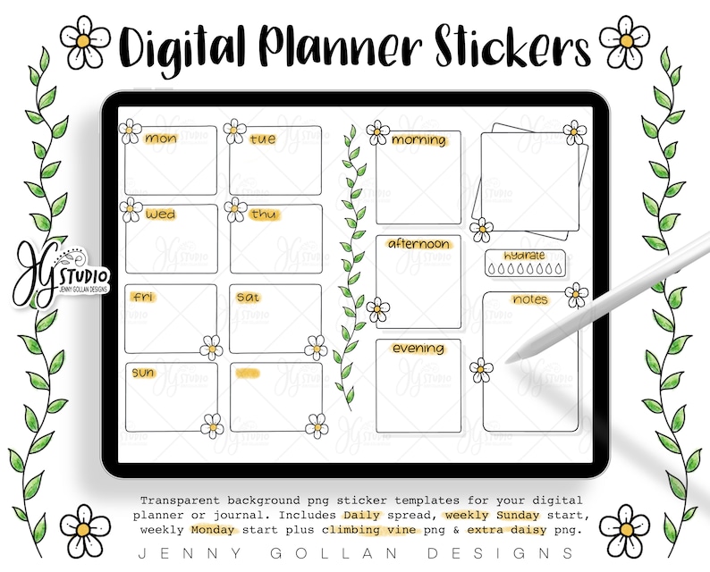 May include: Digital planner stickers with a daisy theme. The stickers include boxes for "mon", "tue", "wed", "thu", "fri", "sat", "sun", "morning", "afternoon", "evening", "hydrate", "notes".