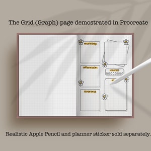 May include: A gridded planner page with a digital illustration of a daily schedule. The page is divided into three sections: morning, afternoon, and evening. Each section has a space for writing and a small daisy graphic. The text "hydrate" is written in a box with a row of water droplets below it.