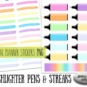 Digital Planner Stickers Colourful Highlighters and Highlighter Streaks Transparent PNG Bundle for digital journal in GoodNotes