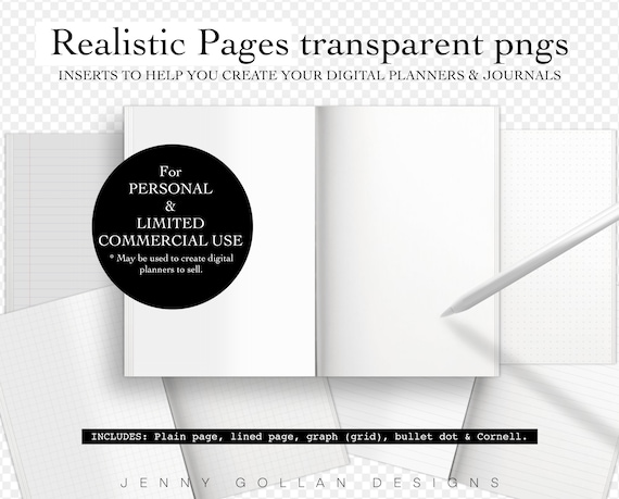 Realistic Digital Planner Pages Includes Blank Lined Bullet Dot Graph Grid Cornell transparent background for personal and commercial use