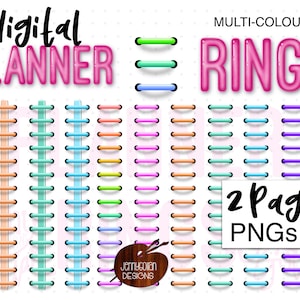 Anéis de planejador digital Anéis de fichário Pacote multicolorido Uso pessoal e comercial Anéis PNG transparentes lado e centro do arco-íris