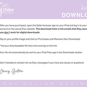 May include: A pink and white graphic with instructions on how to download digital files purchased from Etsy. The text reads "how to DOWNLOAD" in large black letters. The text also includes instructions on how to download digital files from Etsy on an iPad.