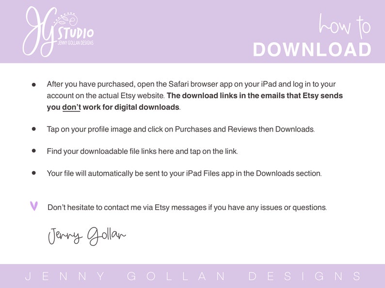 May include: A pink and white graphic with instructions on how to download digital files purchased from Etsy. The text reads "how to DOWNLOAD" in large black letters. The text also includes instructions on how to download digital files from Etsy on an iPad.