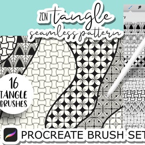 Może przedstawiać: Zestaw 16 pędzli Procreate do tworzenia skomplikowanych czarno-białych wzorów splątanych. Obraz przedstawia wzór bez szwów z różnymi wzorami geometrycznymi, w tym siatką, wzorem kwiatowym i wzorem falistym. Tekst "ZEN tangle seamless pattern" i "16 tangle brushes" jest widoczny na obrazie.