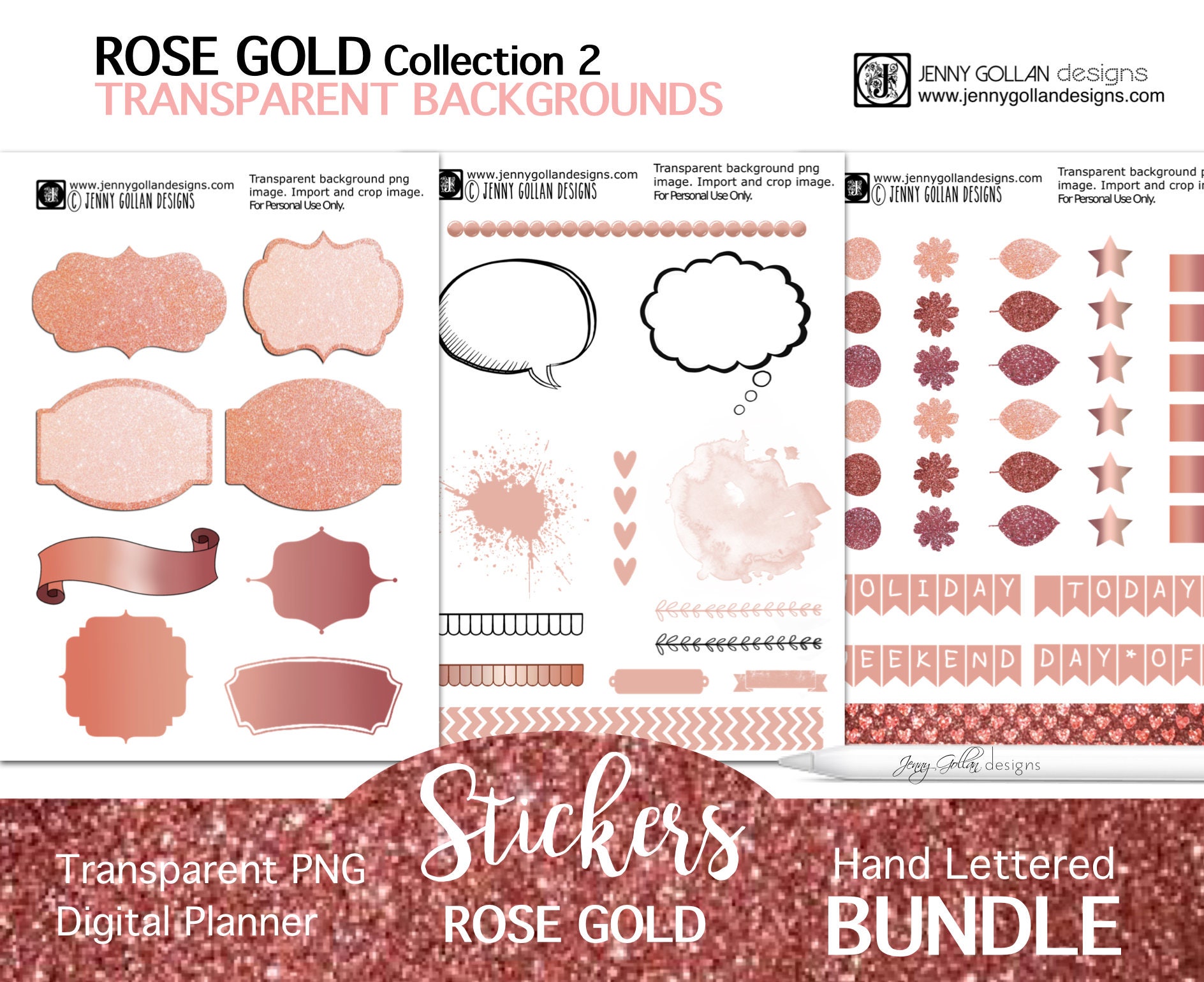 Digital Journal and Planner Stickers Bundle - Rose Gold Luxury Shimmer