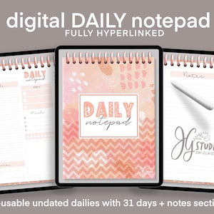 Digital Daily Notes Reusable Undated daily planner schedule full month with all days hyperlinked plus Notes Section