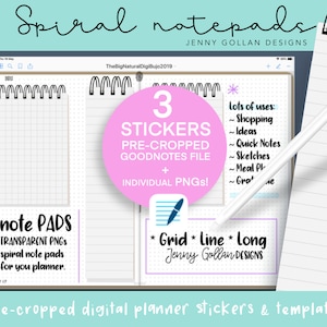 May include: A digital planner sticker set with three pre-cropped spiral notepad stickers for Goodnotes. The stickers are in a pink circle with the text "3 Stickers" and "Pre-Cropped Goodnotes File". The stickers are shown on a digital planner app screen with a grid and lined paper. The text "Lots of uses:" is listed with bullet points for shopping, ideas, quick notes, sketches, meal plans, and gratitude.