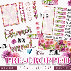 May include: A set of digital planner stickers featuring pink and white flowers, hearts, and text. The text includes "Planner Journal", "To Do", "Clean", "Pay Bill", "Notes", "Saturday", "Friday", "Do Important", and the months of the year. The stickers are pre-cropped and ready to use in digital planners.