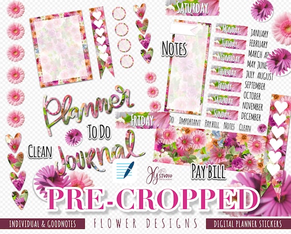 Cropped Digital Planner Stickers Flower Designs Transparent pngs for Digital Planning in Goodnotes Noteshelf Zoomnotes and Android