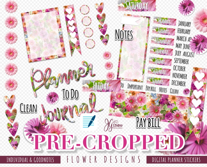 May include: A set of digital planner stickers featuring pink and white flowers, hearts, and text. The text includes "Planner Journal", "To Do", "Clean", "Pay Bill", "Notes", "Saturday", "Friday", "Do Important", and the months of the year. The stickers are pre-cropped and ready to use in digital planners.