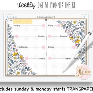 May include: A digital planner insert featuring a floral design in shades of blue, yellow, and pink. The planner includes spaces for Monday through Sunday, with a dotted grid background. The text "TheBigNaturalDigiBujo2019" is visible at the top of the planner.