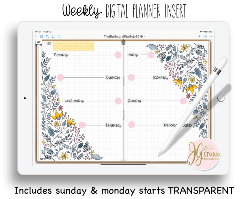 May include: A digital planner insert featuring a floral design in shades of blue, yellow, and pink. The planner includes spaces for Monday through Sunday, with a dotted grid background. The text "TheBigNaturalDigiBujo2019" is visible at the top of the planner.