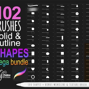 Puede incluir: Un paquete de arte digital con 102 pinceles, que incluye formas sólidas y de contorno. La imagen presenta una variedad de formas, un lápiz y el texto "100 SHAPES + BONUS MONOLINE & TEXTURE BRUSH". El texto "SHAPES mega bundle" también es visible.