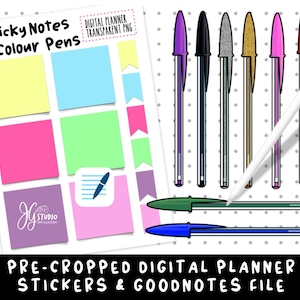 May include: Digital planner stickers and Goodnotes file featuring colourful sticky notes and pens. The notes are in a variety of colours, including yellow, green, pink, and blue. The pens are in colours such as purple, black, silver, gold, pink, and red.