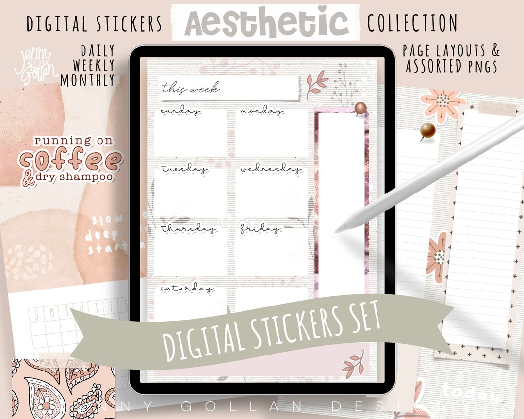 Aesthetic Digital Planner Page Stickers Month at a Glance Daily Weekly ...