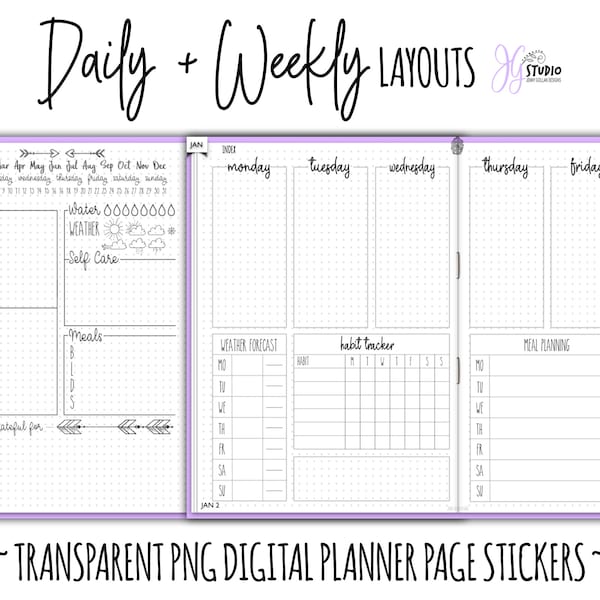 Digital Planner Stickers Daily and Weekly Page Layouts Transparent png Hand Drawn Page templates for Goodnotes DigiBujo