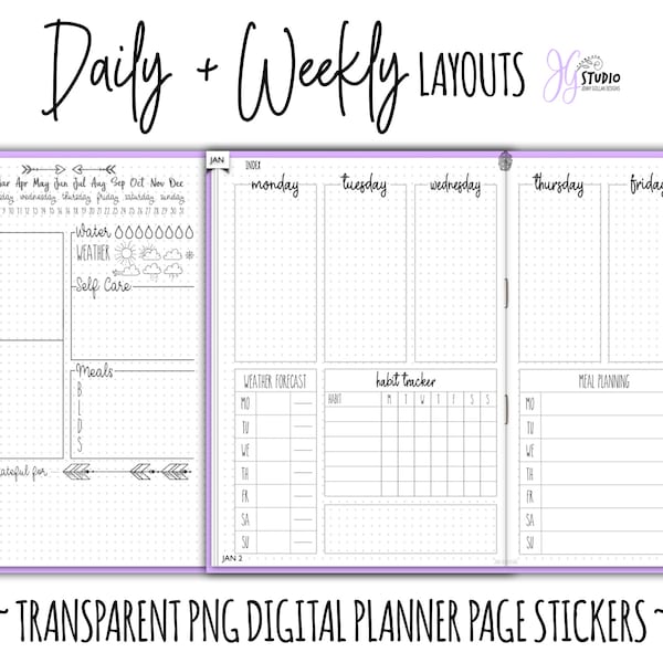 Digitale Planer Sticker Tägliche und Wöchentliche Seitenlayouts Transparent png Handgezeichnete Seitenvorlagen für Goodnotes DigiBujo