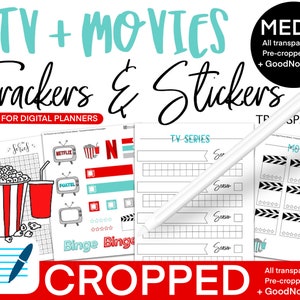 Cropped Digital Planner Stickers TV And Movie Tracker Media Bundle Plus Pre Cropped Goodnotes File