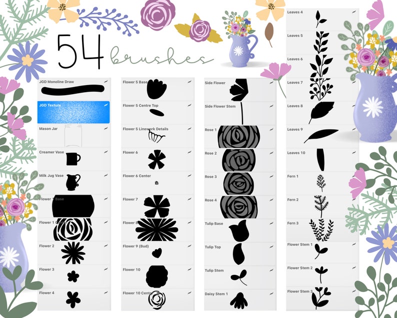 Procreate Brushes Set 54 Floral Stamp Brush Shapes Plus | Etsy