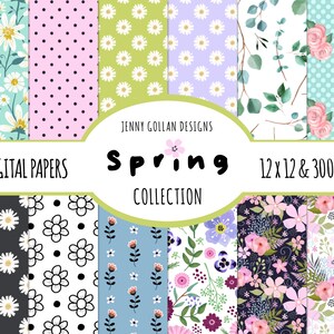 May include: A set of 12 digital papers featuring floral patterns in various colors, including pink, blue, green, and white. The papers are 12x12 inches and 300 DPI. The text "Spring Collection" is displayed in the center of the image.