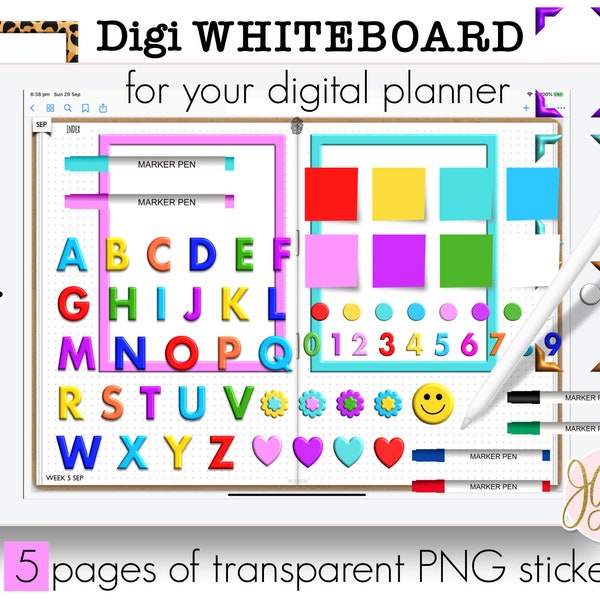 Digital Planner Stickers Whiteboard Collection 5 Pages for Goodnotes and DigiBujo Uncropped Transparent pngs