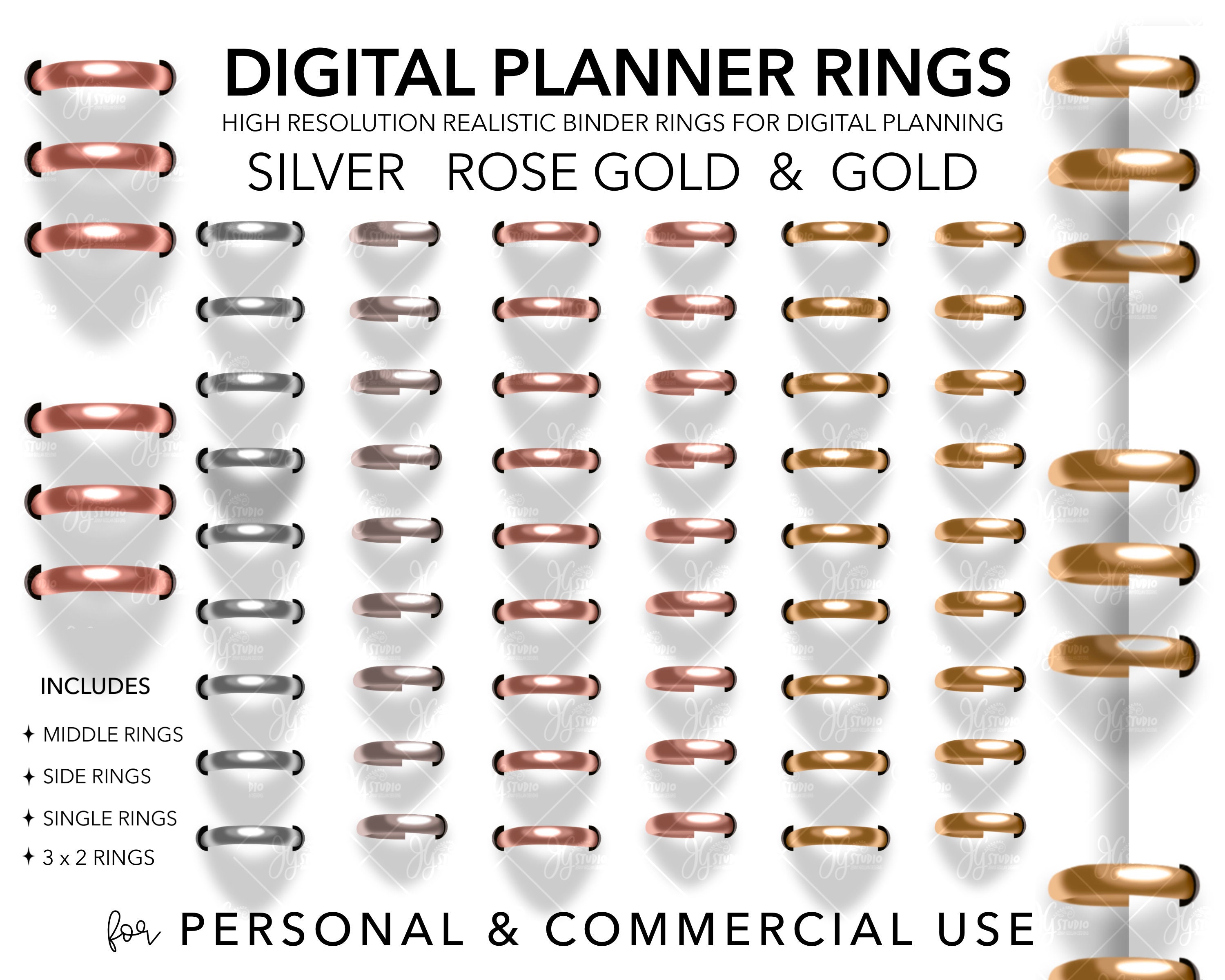 Realistic Binder Rings for Digital Planners Pngs Gold, Silver