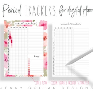 May include: A printable period tracker for digital planners with a floral design. The tracker includes a grid for tracking periods and a key for color-coding. The text "period tracker" and "key" are visible on the page.
