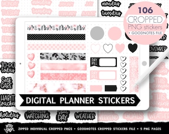 Salmon Pink and Grey Digital Planner Stickers Collection Cropped PNGs and Goodnotes Sticker File 106 Stickers Included