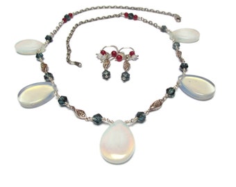 Opal Quartz Jewelry Set: Sterling Silver Necklace and Earrings