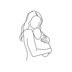 Mother and baby simple Line Art, mom and baby print, momma and baby printable, mama and baby instant digital download, line art, black white