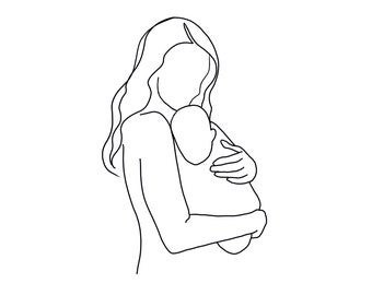 Mor och barn enkel linjeteckning, mamma och barn-tryck, mamma och barn utskrivbart, mamma och barn omedelbar digital nedladdning, linjeteckningar, svartvitt