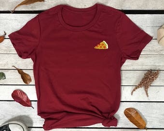 Pizza Emoji Embroidered Women's Short Sleeve Crew neck T Shirt, Embroidered Tee , Pizza T-shirt, Pizza Lover Embroidered T-Shirt