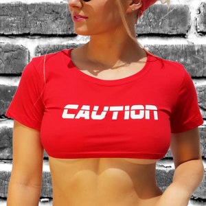 UNDERBOOB Crop Tee CAUTION Festival Clothing Rave Crop Top Underboob Crop Top, Cropped Rave Outfits, Rave Top Women's Clothing Summer Tops