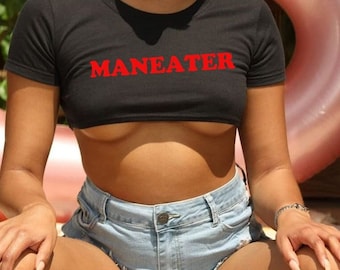 Camiseta corta sexy Maneater, mini top corto para mujer, top corto sexy, regalo para ella, camiseta sin mangas, regalo para fiesta de lencería, top corto