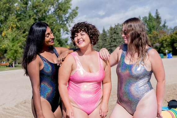 Holographic Metallic One Piece Swimsuit, Plus Size Holographic