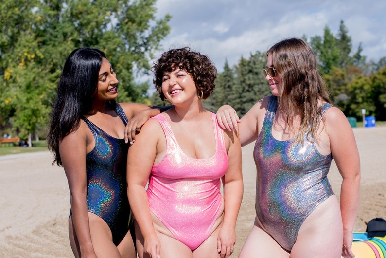 Silver Holographic Metallic One Piece Swimsuit, Plus Size Holographic Bathing Suit, Glitter Plus size Swimwear, Bikini One Piece Swimsuit image 2