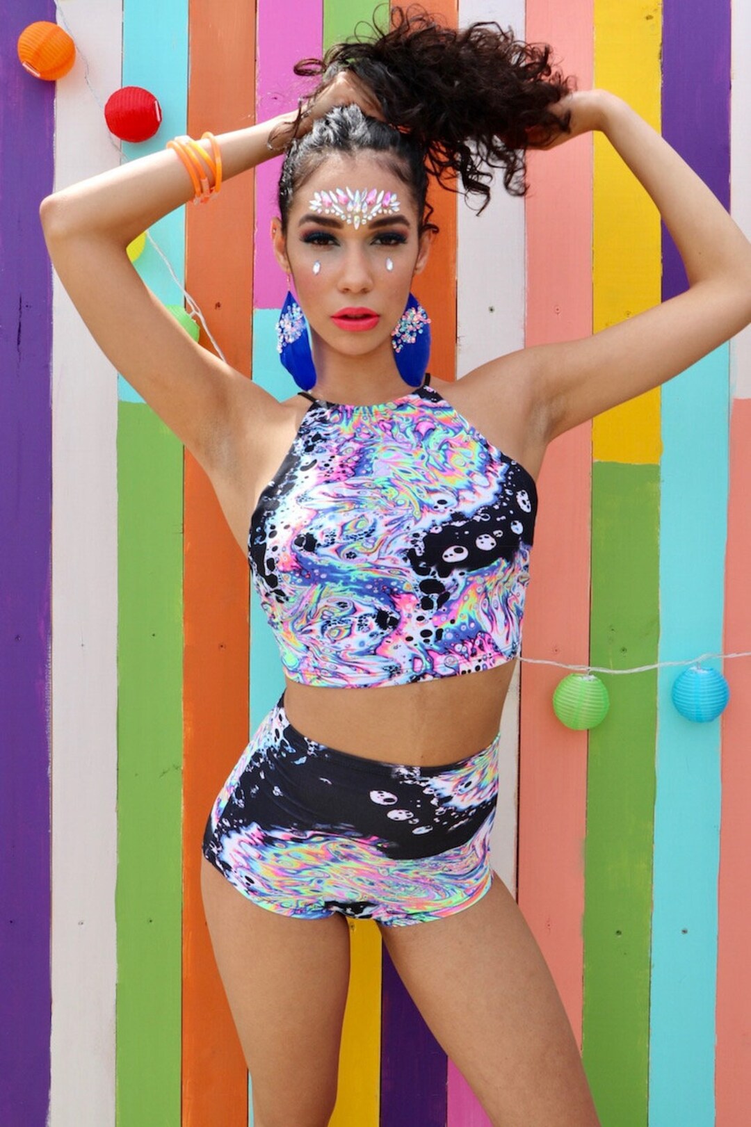 Festival Clothing Rave Outfit Acid Neon Halter Top, Raver Bathing Suit