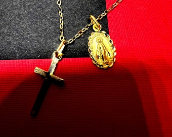 Pendentif Croix et Vierge miraculeuse Or jaune massif 18k 750%