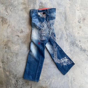 VINTAGE KARAKURI TAMASHI Japan Eccentric Original Denim Rare Full Dragon Embroidered Iconic Traditional Japan Jean W31x30 Kapital Enterprise